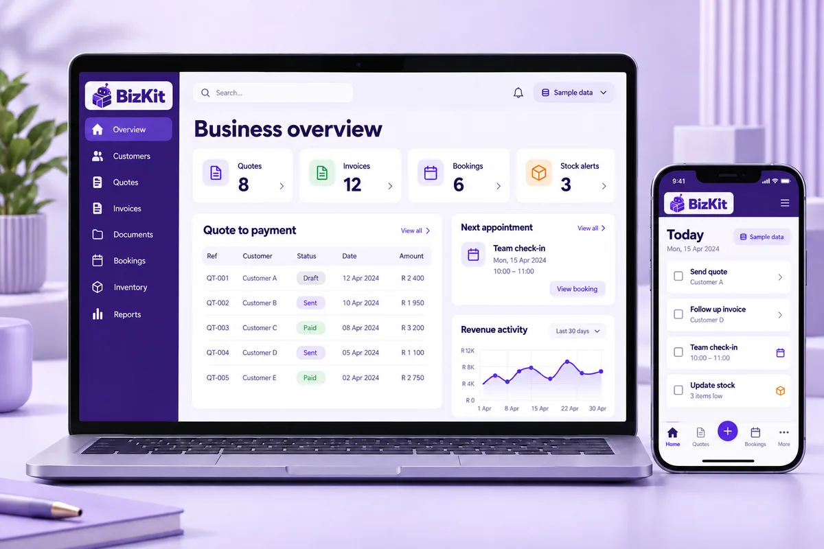 Illustrative BizKit business overview on a laptop and phone: quotes, invoices, bookings, stock alerts and a quote-to-payment list with fictional sample data.