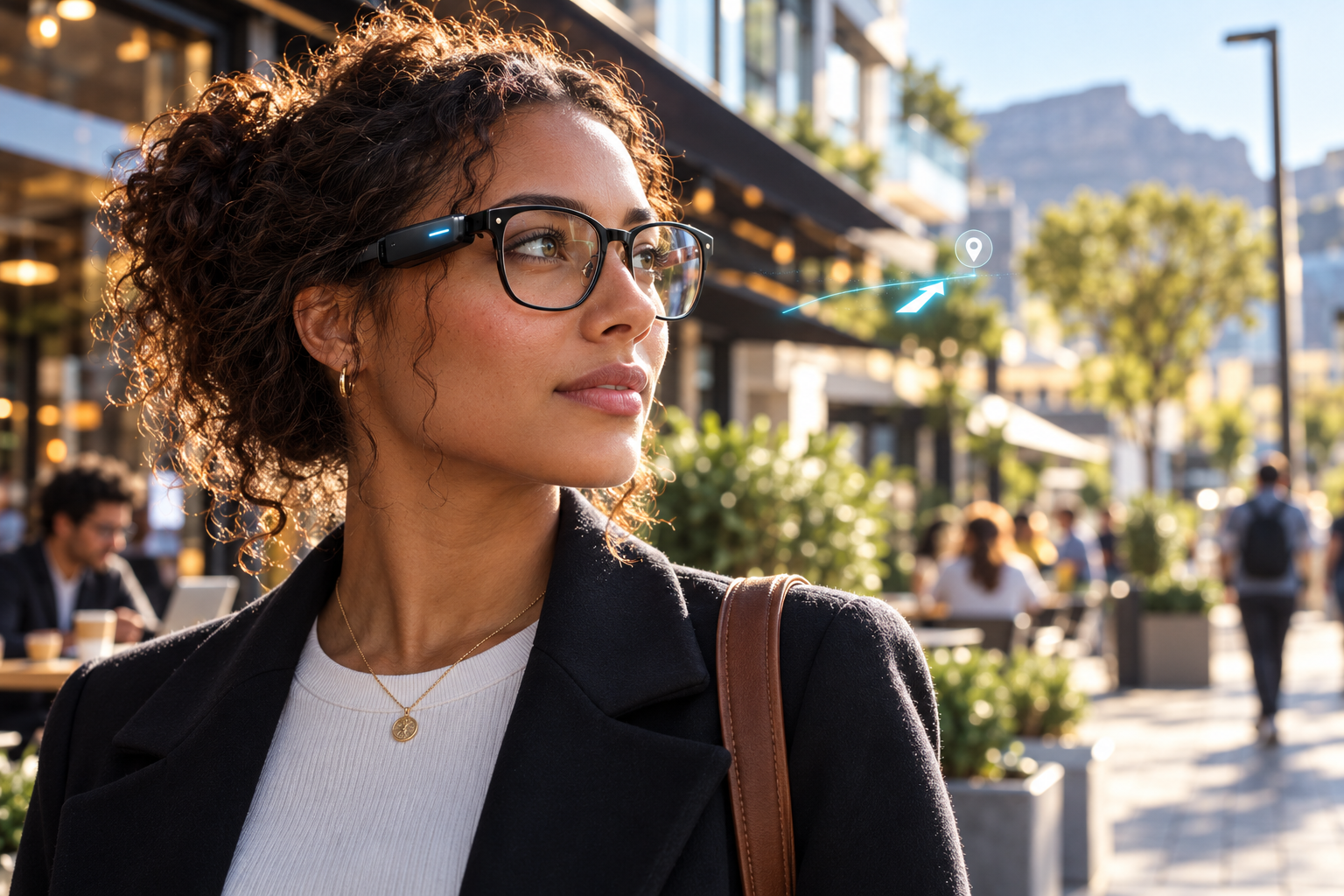 A woman in a city street wearing glasses with a HUE module, a simulated cyan navigation arrow and location pin floating in her view.
