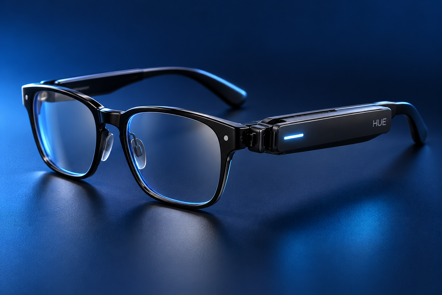 Black eyeglasses with a slim clip-on HUE display module on the temple, against a navy background.