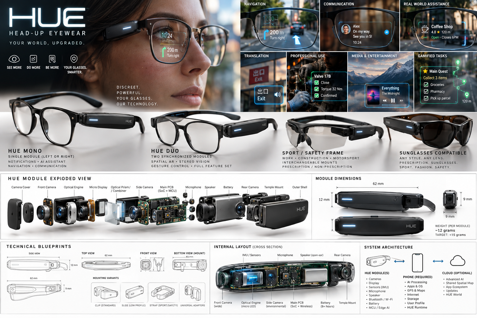 HUE design directions board: a clip-on module on a wearer's glasses, Mono and Duo configurations, mounts, an exploded module view and phone-to-cloud connection.