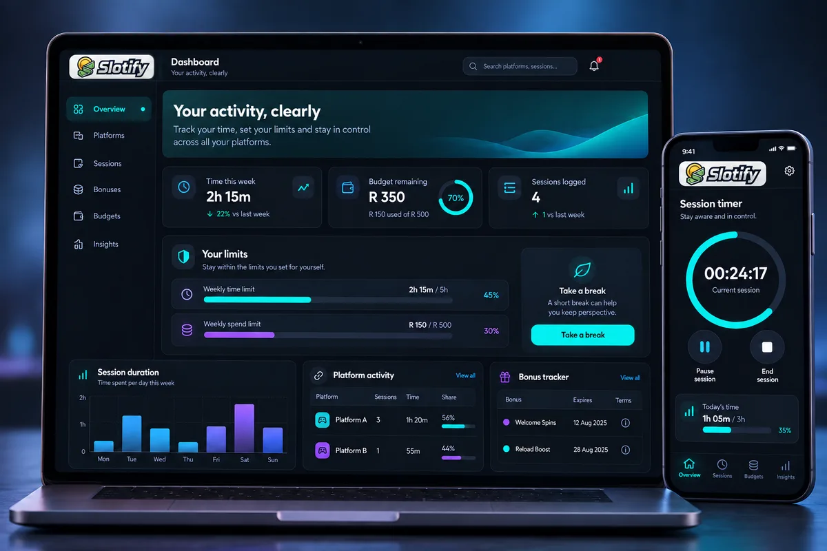 Illustrative Slotify player desk with session history, budget progress and bonus expiry tracker, using fictional sample data.